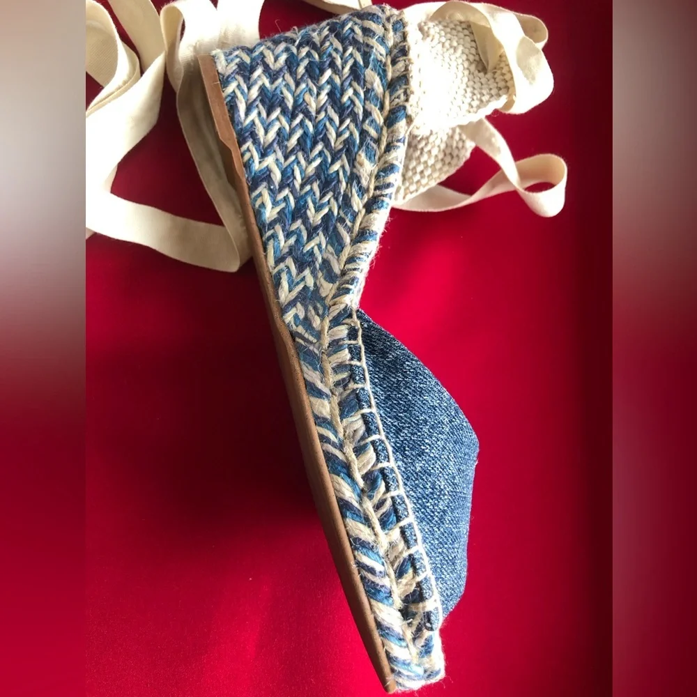 Chloe Blue Denim Espadrille Wedge Sandals with Cream Ankle Ties